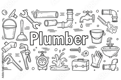 Plumbing tools and equipment illustration: pipes, wrenches, faucets, and more