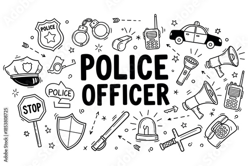 Police officer equipment and symbols illustration with handcuffs, badge, and patrol car