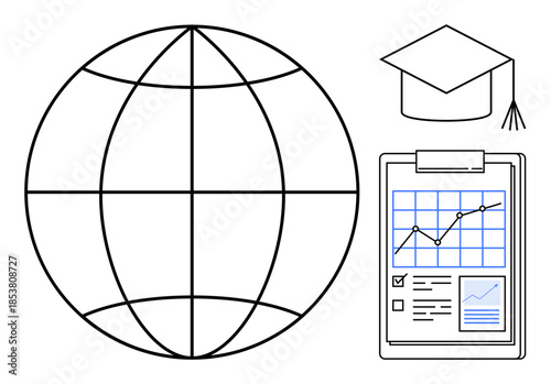Education, global learning, business analytics, academic success, financial growth, progress tracking. Globe, graduation cap and clipboard with a chart. Education and business analytics concepts