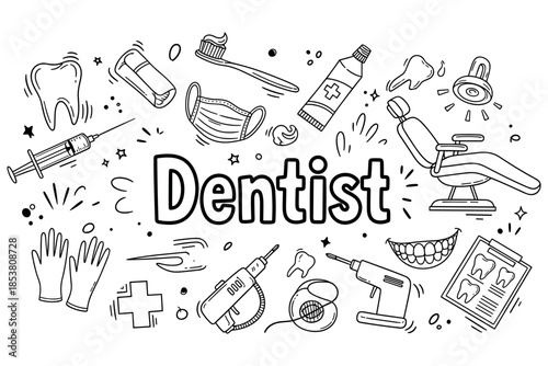 Dental care doodles: tools, hygiene, and oral health symbols