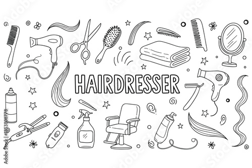 Hairdresser tools and icons: hairdryer, scissors, brush, comb, spray, mirror illustrations
