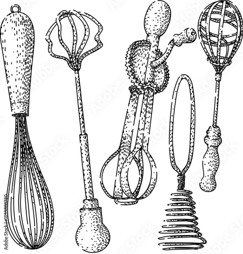 Collection of various mixing tools, including a balloon whisk, spiral whisk, and rotary egg beater, illustrated in a vintage sketch style on a white background