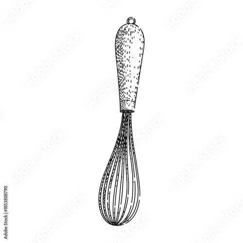 Hand drawn whisk line art for baking and cooking, simple black and white sketch illustration of a kitchen utensil for mixing, stirring, blending in culinary and pastry prep
