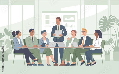 Business professionals engaged in a meeting around a conference table in a modern office setting.