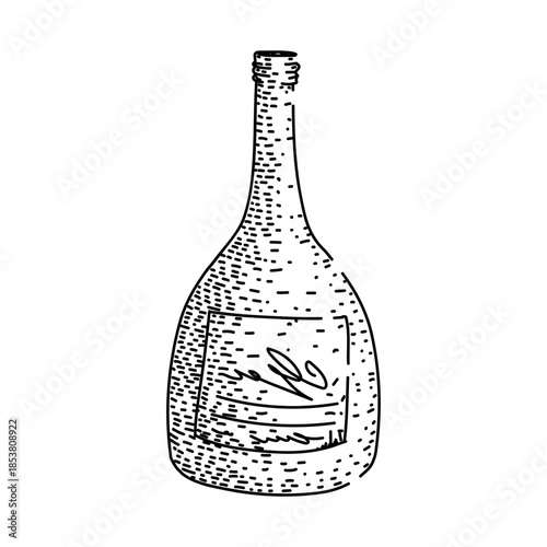 Vintage style hand drawn illustration of an opened wine bottle in black and white line art, evoking rustic celebration, winery charm, bar menu and classic beverage design