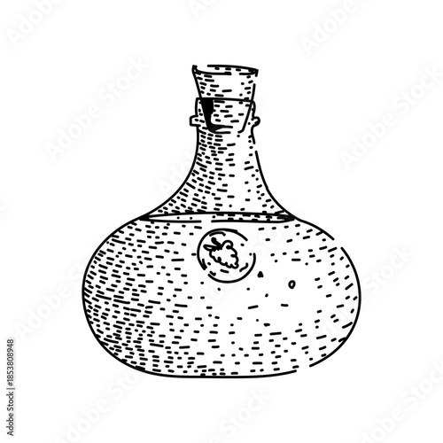 Vintage style illustration depicting a round wine bottle with a cork stopper and a grape cluster symbol, perfect for showcasing winemaking traditions and beverage concepts