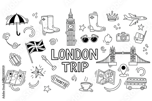 London trip doodles: big ben, tower bridge, british symbols and travel icons