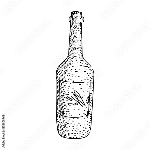 Hand drawn wine bottle illustration with a cork stopper and a rectangular label, ideal for concepts of beverage, alcohol, vintage design, and celebrating