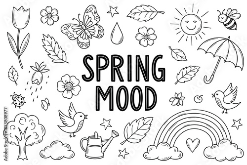 Spring mood doodle art with flowers, birds, and rainbow elements