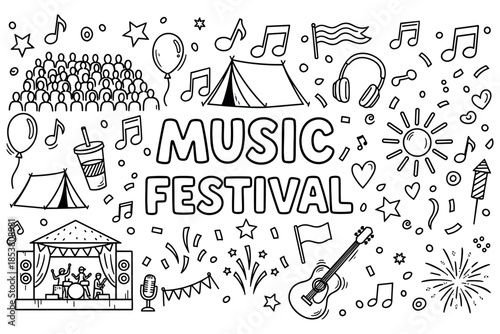 Music festival doodle: crowd, tent, stage, band, instruments, and celebrations