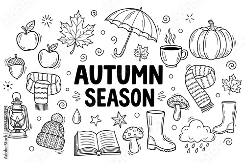 Autumn season doodles: cozy sweaters, pumpkins, leaves, and rain boots