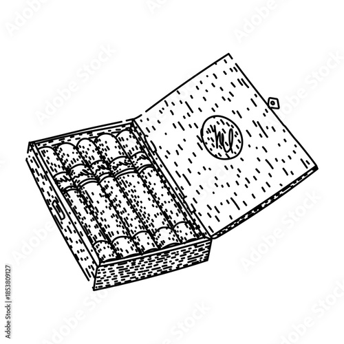 Wooden cigar box filled with hand rolled cigars, vintage luxury and relaxation in clean black and white line art style, isolated on white for editorial or commercial use