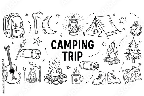 Camping trip essentials: tent, campfire, backpack, and outdoor adventure icons