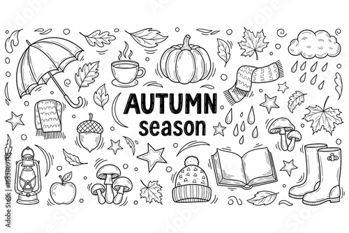 Autumn season doodle art with leaves, pumpkins, and cozy elements