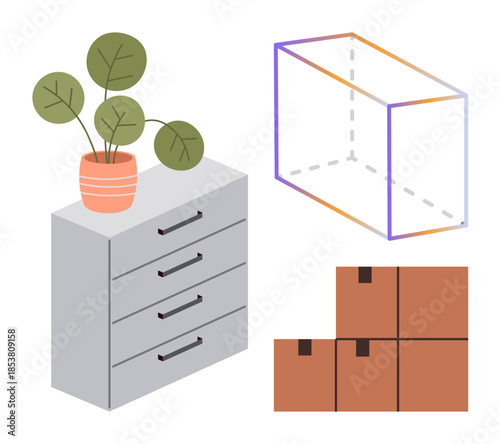 Cabinet storing items, stacked cardboard boxes, and a transparent geometric frame. Ideal for organization, decluttering, storage solutions, home design, minimalism, moving and interior planning