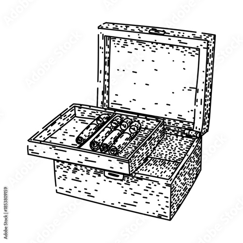 Wooden humidor box open, displaying several rolled tobacco sticks, illustrating a hand drawn sketch for concepts of luxury, indulgence, smoking, and traditional habits