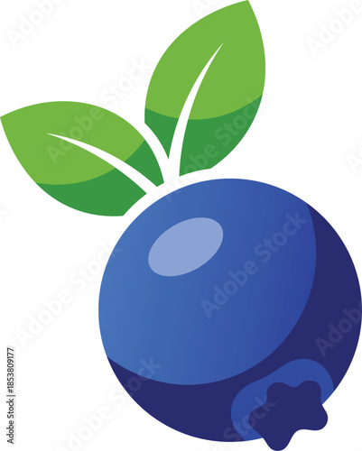 Stylized blue blueberry with green leaves on white background fruit food