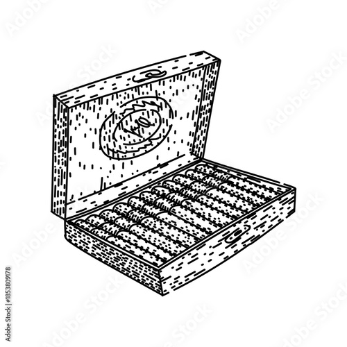 Wooden cigar box presented open and filled with multiple cigars, using a hand drawn illustration style depicting concepts of luxury, tradition, and indulgence
