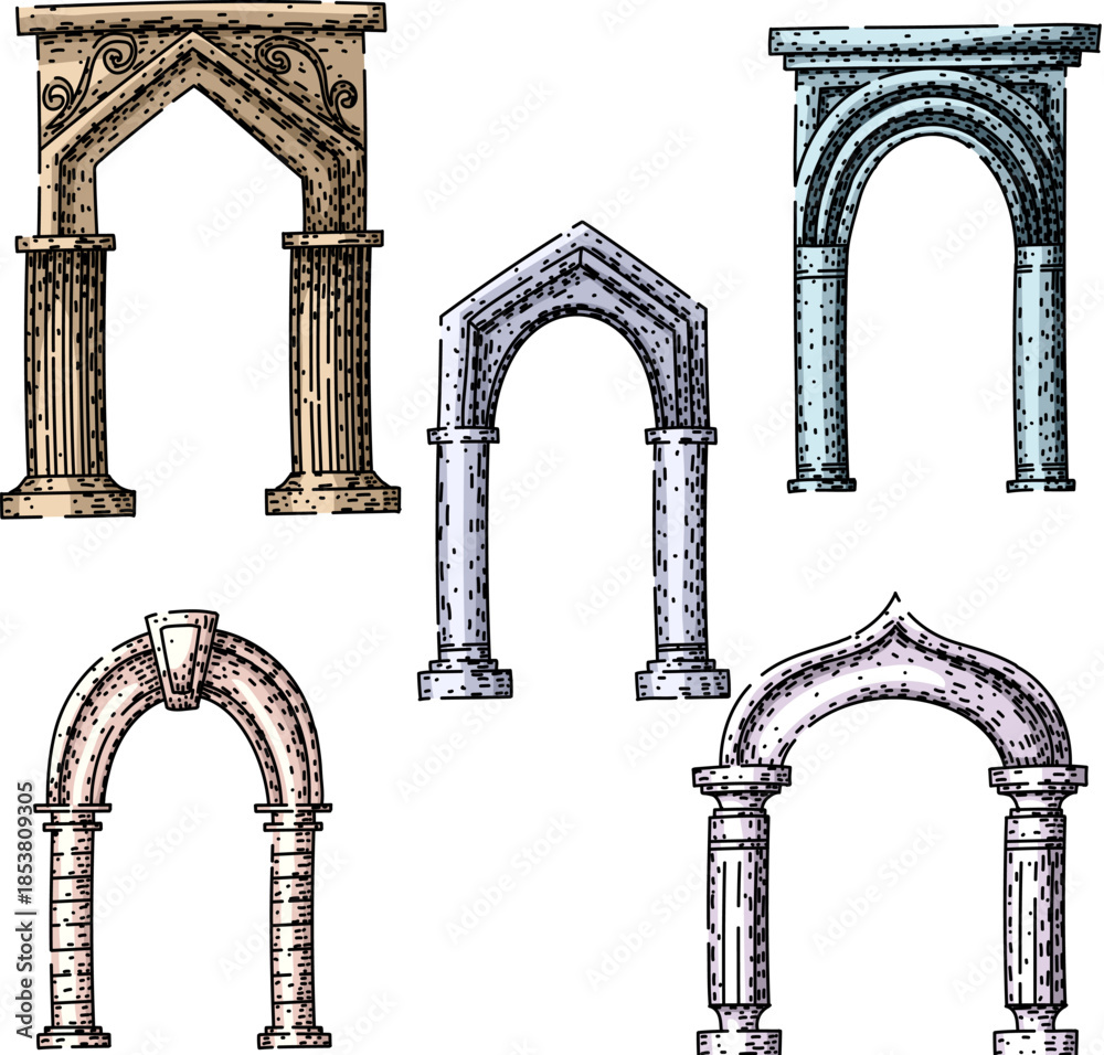 Naklejka premium Various decorative architectural arches and columns showcasing historical design elements, creating a collection of stone structures from different ancient eras