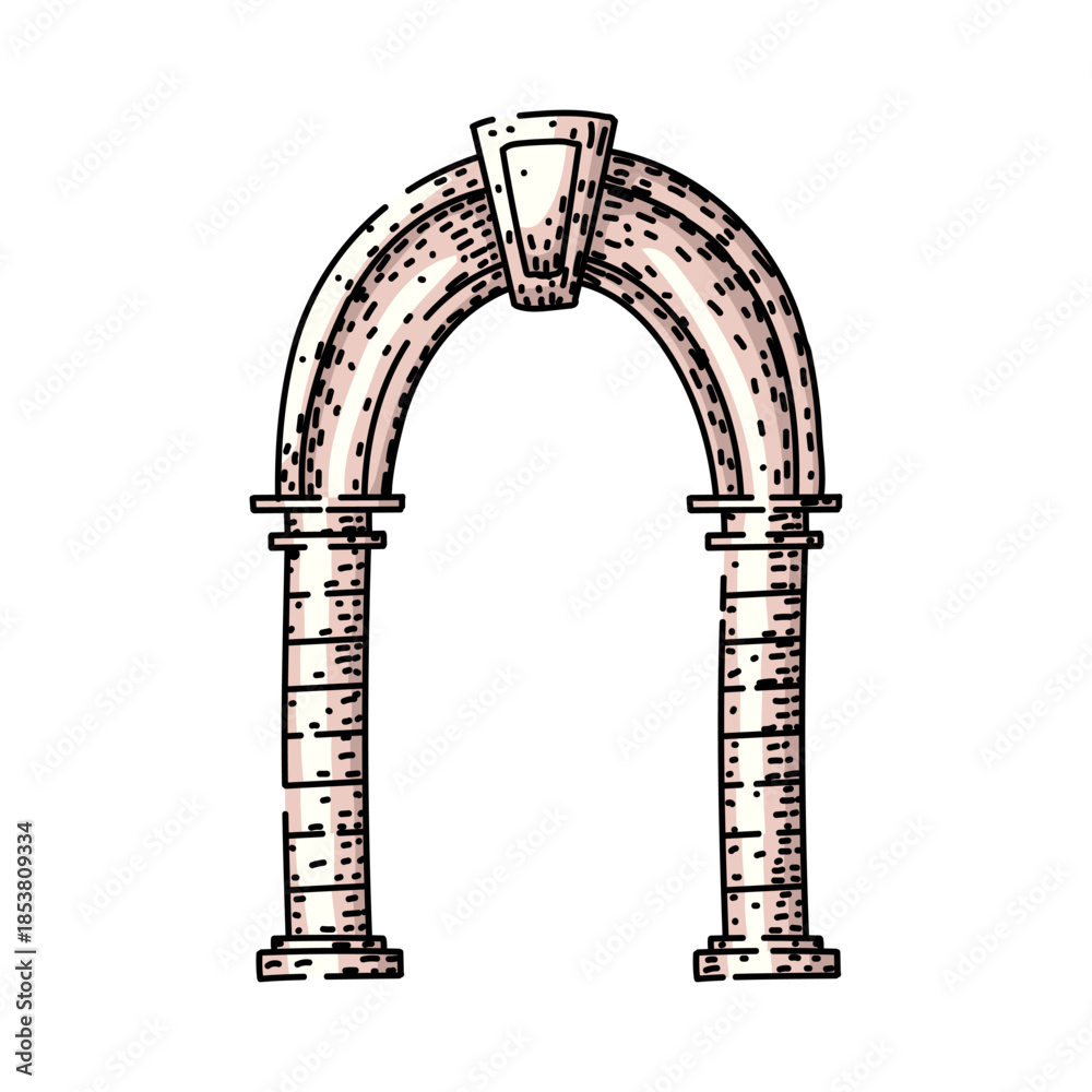 Naklejka premium Ancient stone archway featuring two columns supporting an arch, illustrating an architectural element with a vintage hand drawing style and textured details