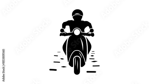 man on scooter, front view, black isolated silhouette