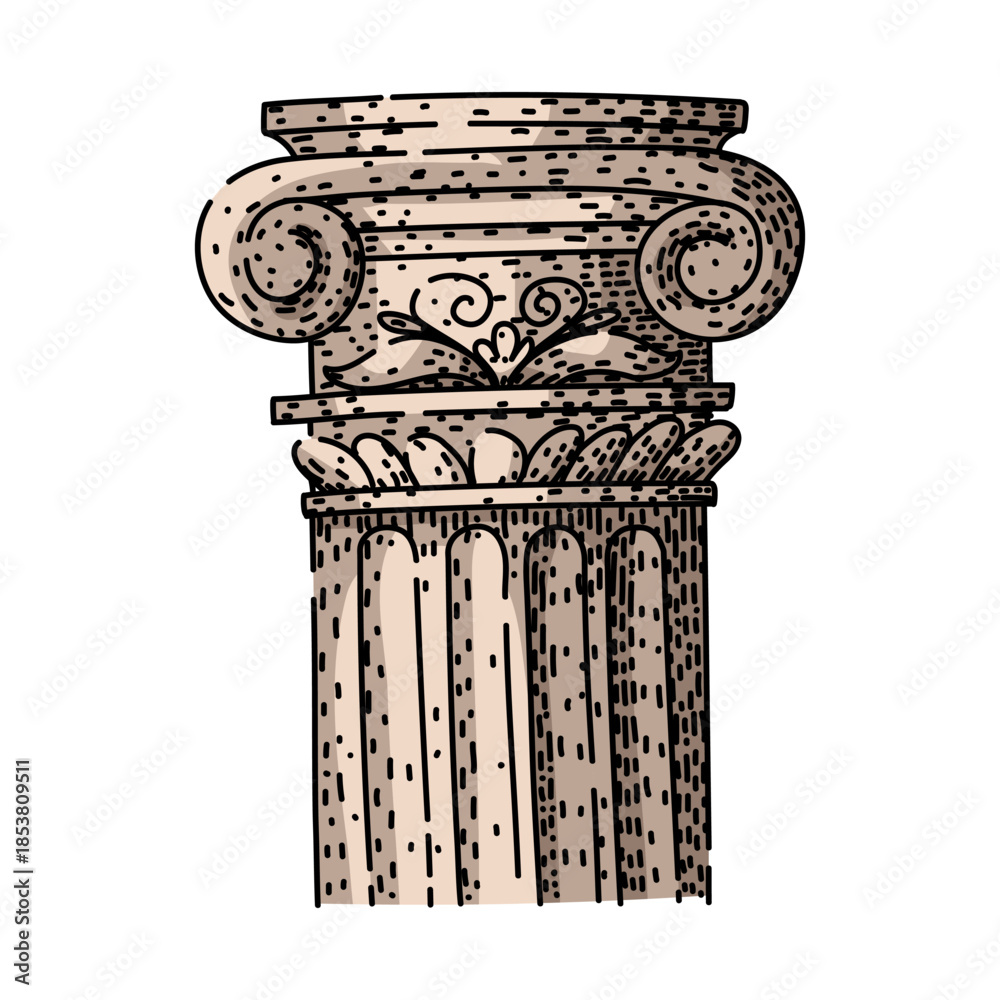 Naklejka premium Iconic architectural column capital drawing featuring volutes and fluting, symbolizing ancient history, classical culture, strength, and traditional design elements
