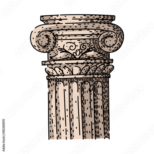 Iconic architectural column capital drawing featuring volutes and fluting, symbolizing ancient history, classical culture, strength, and traditional design elements