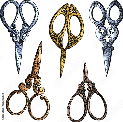 Multiple antique and decorative scissors depicting retro style, ideal for themes of craftsmanship, diy, fashion design, needlework, or artisanal industry concepts