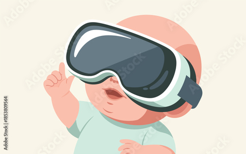 A baby wearing virtual reality goggles and interacting with the digital environment