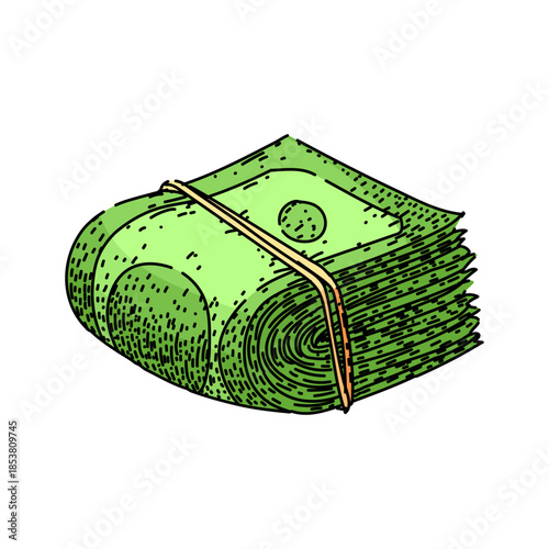 Stack of green banknotes, bound by a rubber band, representing savings, wealth, income, and financial growth, illustrating concepts of payment and economic stability