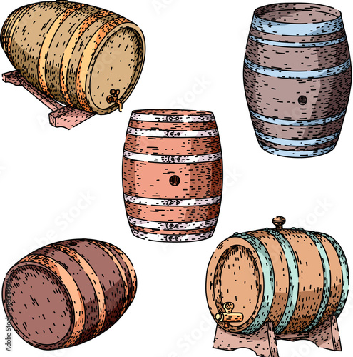 Collection of five hand drawn illustrations showcasing different wooden barrels, some with taps and on stands, representing concepts of wine aging, storage, and traditional beverage craft