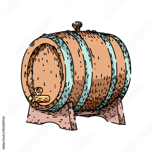 Wooden oak barrel with metal bands and a tap on a stand, rustic vintage container for aging and storing wine, beer or spirits in a cellar, brewery or distillery
