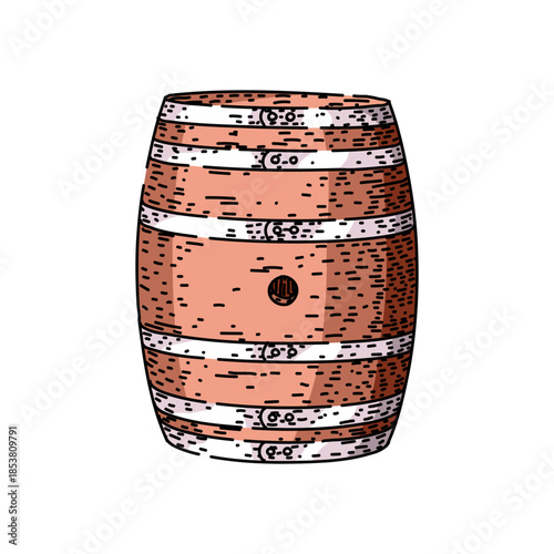Wooden barrel featuring metal bands and a bunghole for winemaking and storing aged spirits, depicting traditional craftsmanship and vintage beverages on a white background