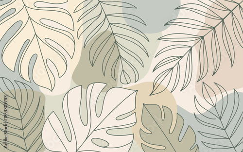 Assorted tropical leaves in various shades of green and beige, arranged in a harmonious botanical illustration.