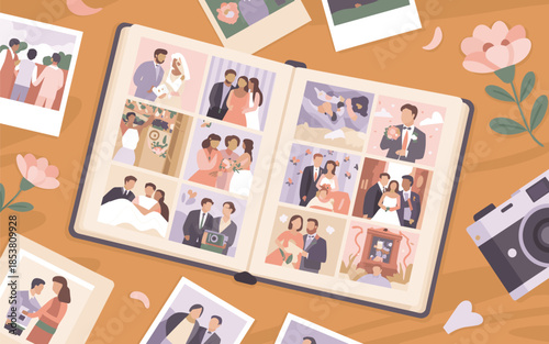 A collection of photographs and polaroids arranged in an open photo album on a wooden table with flowers and a camera nearby