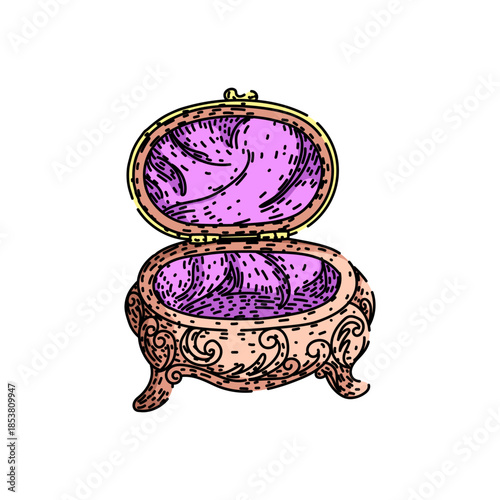 Vintage decorated jewellery casket showcasing an empty purple satin lining with its lid open, ideal for concepts of memories, heirlooms, value, and hidden treasures