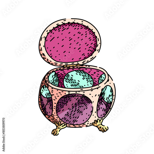 Ornate jewelry box opening its lid, revealing colorful compartments, symbolizing hidden wealth, valuable possessions, and the surprise of discovery in a vintage doodle style