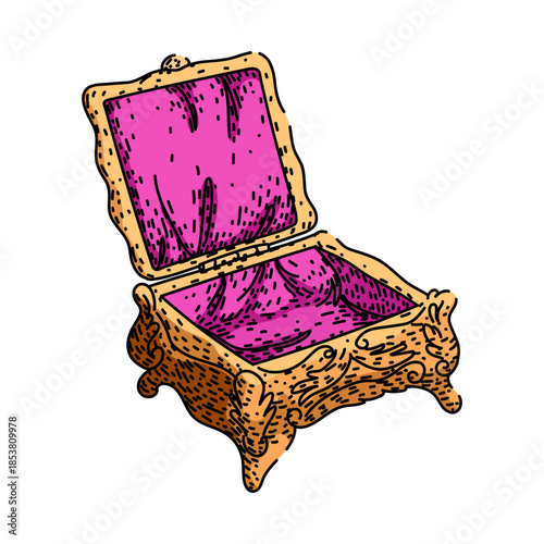 Ornate golden jewelry box with an open lid, revealing its soft pink velvet lining, representing concepts of luxury, wealth, storage, and valuable items