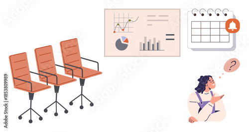 Three empty office chairs, data charts with graphs, a calendar with notification, and a thoughtful woman. Ideal for workplace planning, time management, strategy, decision-making, problem-solving