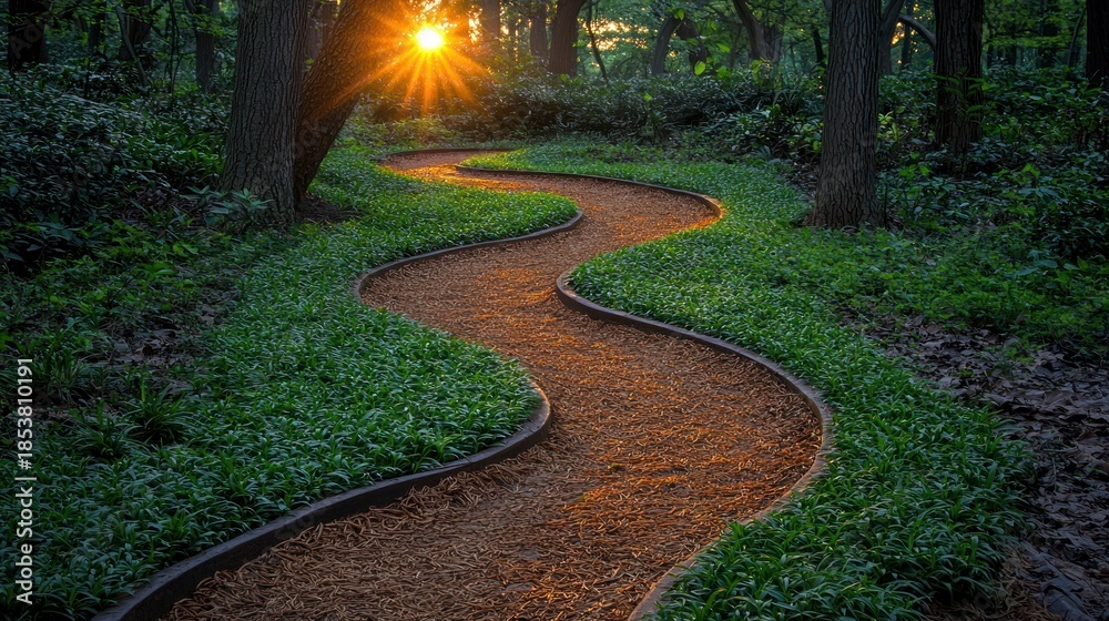 Naklejka premium Winding path through a lush green forest glade