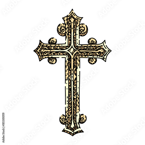 Decorative christian cross illustration with intricate patterns and golden tones, representing spirituality and traditional religious symbolism for design elements and concept art
