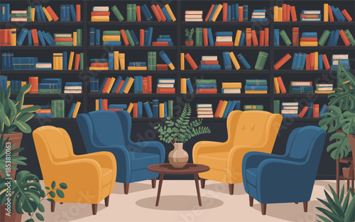 A serene library scene with vibrant armchairs and lush greenery surrounding a small table