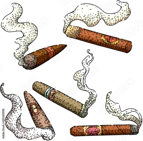 Collection of lit vintage cigars with curling smoke plumes in hand drawn engraved style on white background, retro illustration set evoking luxury, leisure and old world charm