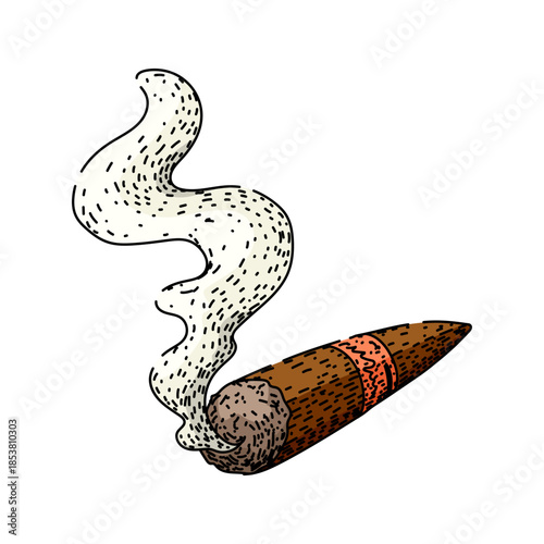 Smoking cigar displaying a reddish band, releasing a plume of smoke, symbolizing luxury, relaxation, and a rich lifestyle, depicted with a hand drawn illustration style