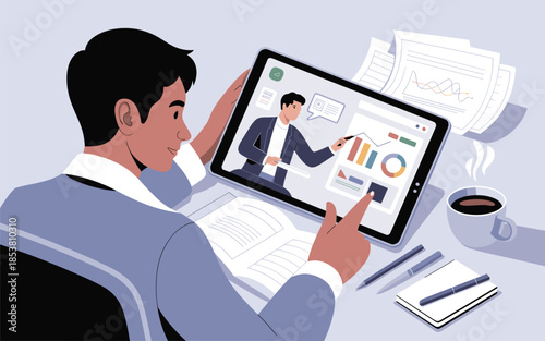 A businessman analyzing data on a tablet in a modern office setting with a cup of coffee nearby