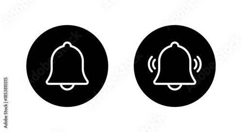 Notification bell outline icon in black circle. Reminder, alarm, notice symbol