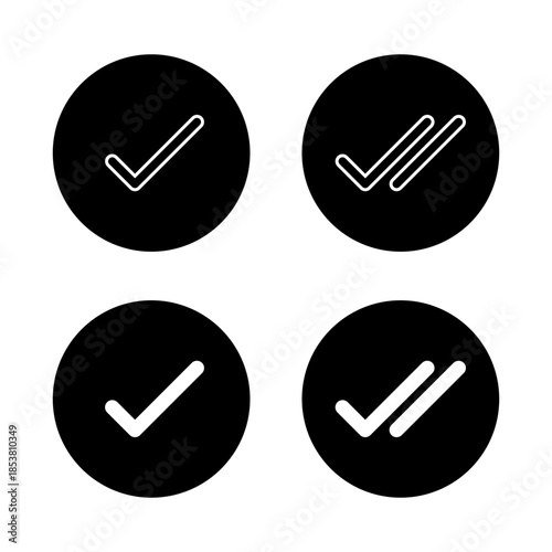 Check mark and double tick icon in black circle. Sent message symbol