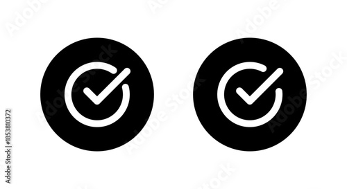 Checkmark and check mark icon set in black circle. Completed task, confirmation, Approval badge, and success symbol