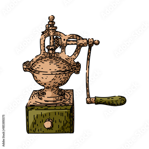 Vintage hand coffee grinder sketch showing an old fashioned metal and wooden manual grinder turning roasted beans into fragrant grounds, evoking rustic, artisanal morning ritual