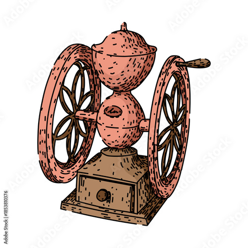 Antique coffee grinder illustration representing the traditional process of making coffee from beans, perfect for concepts of home brewing, retro kitchenware, and specialty drinks